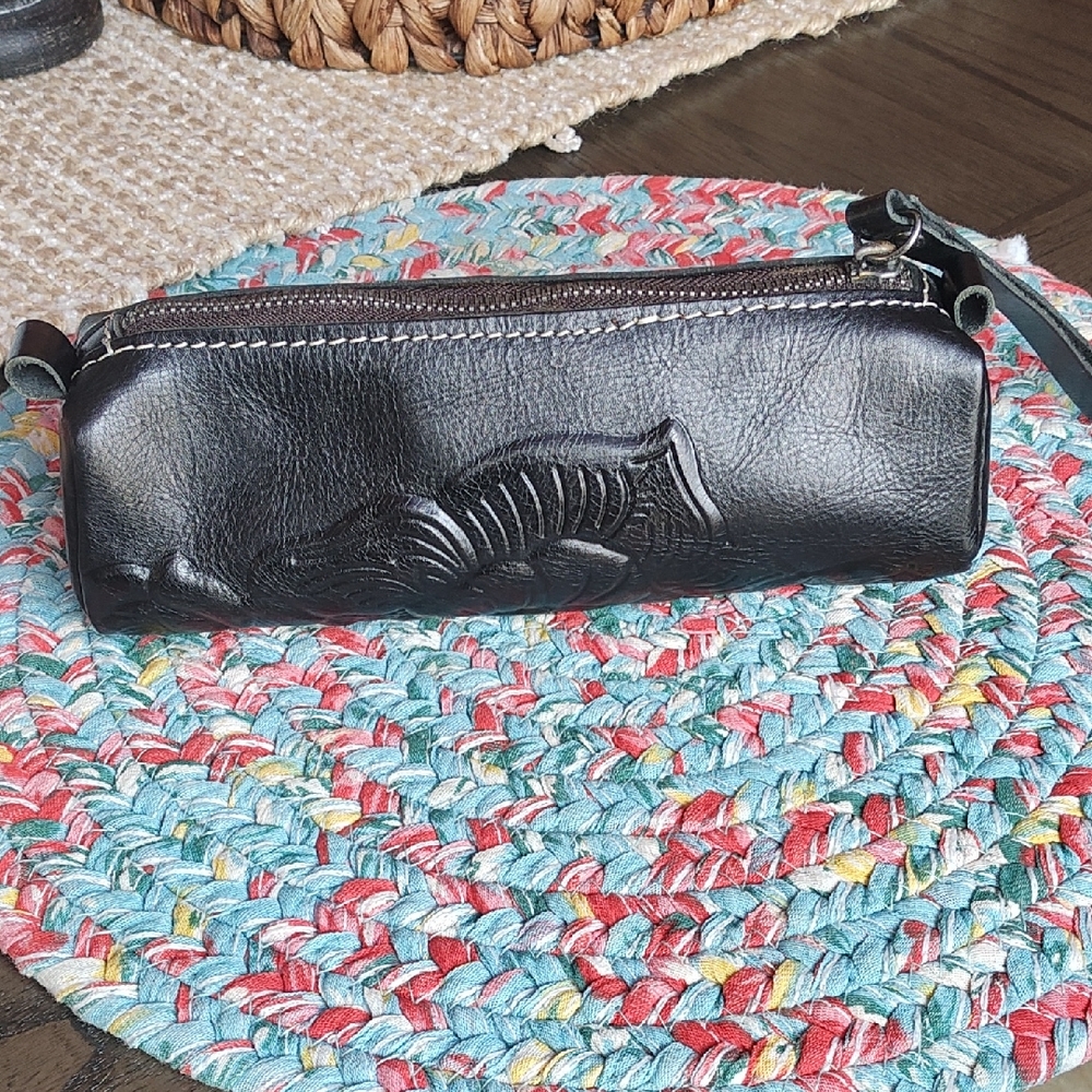 Patricia Nash Isla Black Oblong Leather Cosmetic Pencil Case Pouch